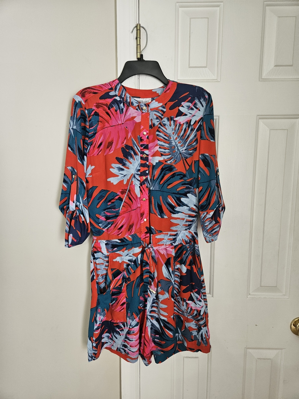 Jennifer Lopez Red Tropical Print Button-Front Romper